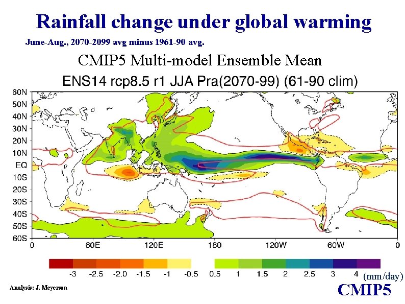 Rainfall change under global warming June-Aug. , 2070 -2099 avg minus 1961 -90 avg.