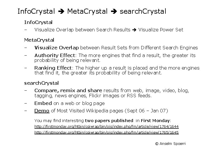 Info. Crystal Meta. Crystal search. Crystal Info. Crystal – Visualize Overlap between Search Results