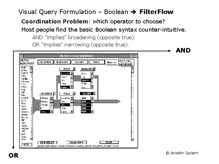 Visual Query Formulation – Boolean Filter. Flow Coordination Problem: which operator to choose? Most