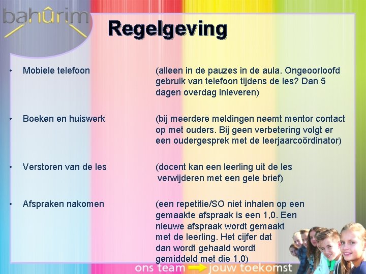 Regelgeving • Mobiele telefoon (alleen in de pauzes in de aula. Ongeoorloofd gebruik van