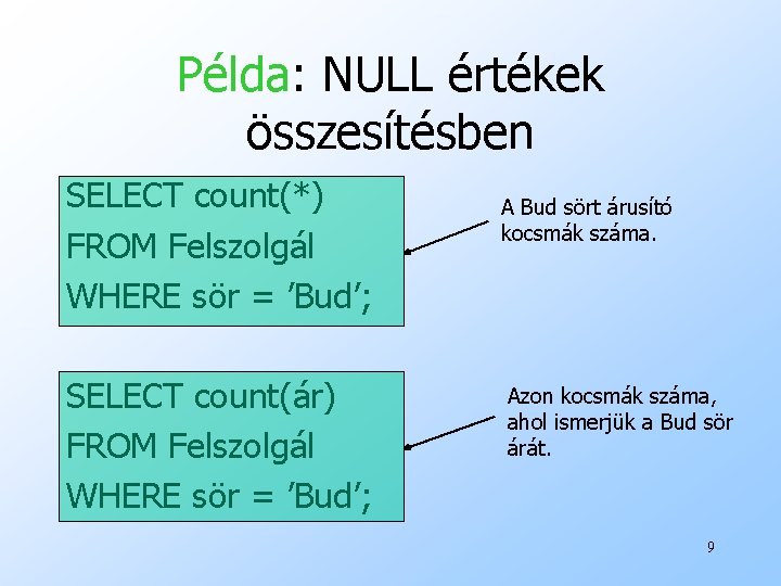 Példa: NULL értékek összesítésben SELECT count(*) FROM Felszolgál WHERE sör = ’Bud’; SELECT count(ár)