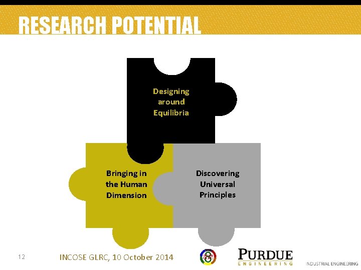 RESEARCH POTENTIAL Designing around Equilibria Bringing in the Human Dimension 12 INCOSE GLRC, 10