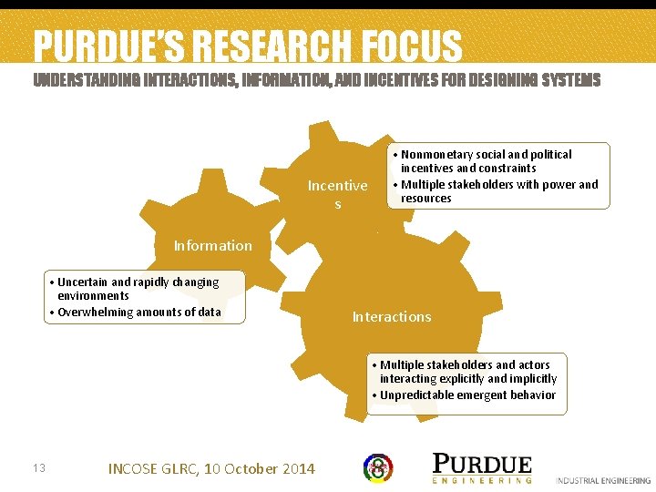 PURDUE’S RESEARCH FOCUS UNDERSTANDING INTERACTIONS, INFORMATION, AND INCENTIVES FOR DESIGNING SYSTEMS Incentive s •