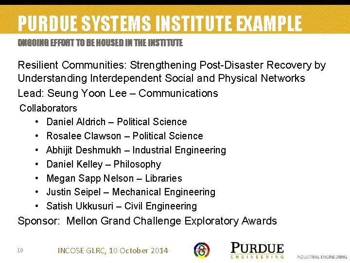 PURDUE SYSTEMS INSTITUTE EXAMPLE ONGOING EFFORT TO BE HOUSED IN THE INSTITUTE Resilient Communities: