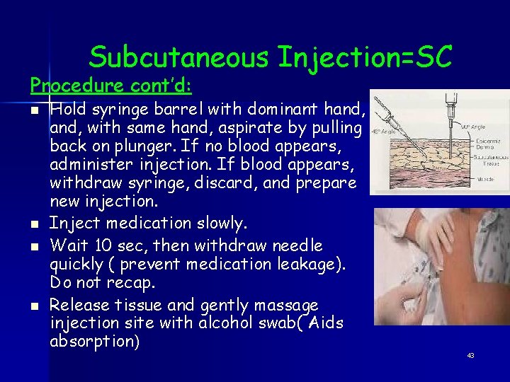Subcutaneous Injection=SC Procedure cont’d: n n Hold syringe barrel with dominant hand, with same