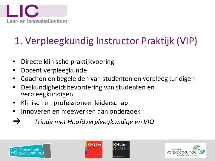 1. Verpleegkundig Instructor Praktijk (VIP) Directe klinische praktijkvoering Docent verpleegkunde Coachen en begeleiden van