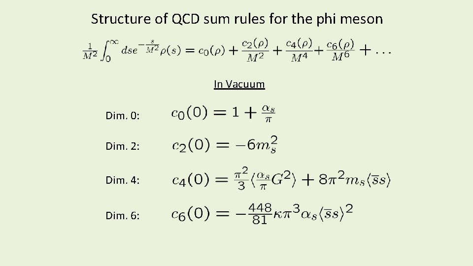 Structure of QCD sum rules for the phi meson In Vacuum Dim. 0: Dim.