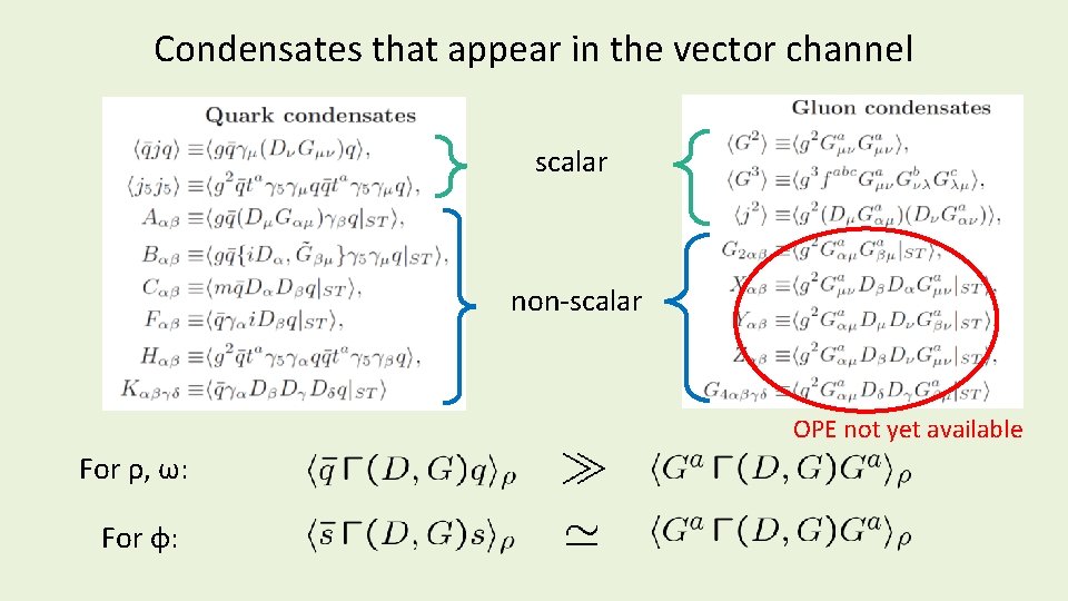 Condensates that appear in the vector channel scalar non-scalar OPE not yet available For