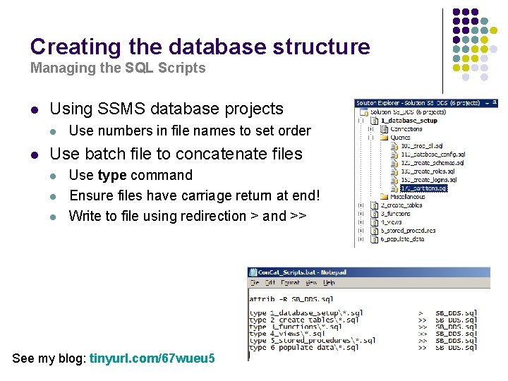 Creating the database structure Managing the SQL Scripts l Using SSMS database projects l