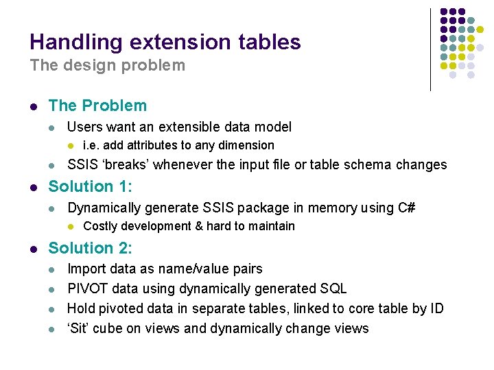 Handling extension tables The design problem l The Problem l Users want an extensible