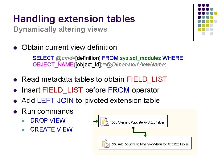 Handling extension tables Dynamically altering views l Obtain current view definition SELECT @cmd=[definition] FROM