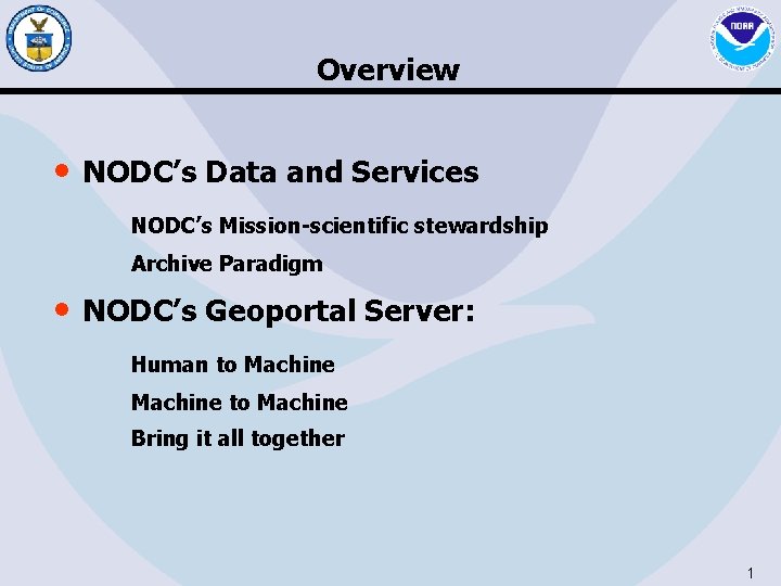 Overview • NODC’s Data and Services NODC’s Mission-scientific stewardship Archive Paradigm • NODC’s Geoportal