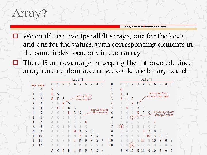 Array? Computer Science Otterbein University o We could use two (parallel) arrays, one for