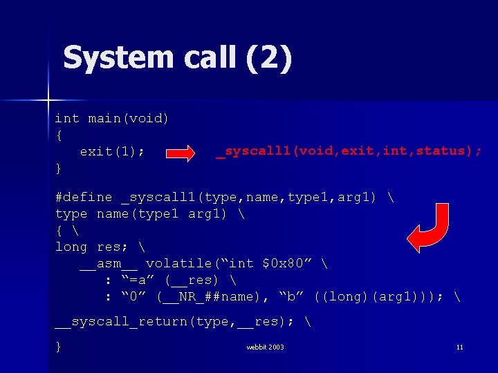 System call (2) int main(void) { exit(1); } _syscall 1(void, exit, int, status); #define