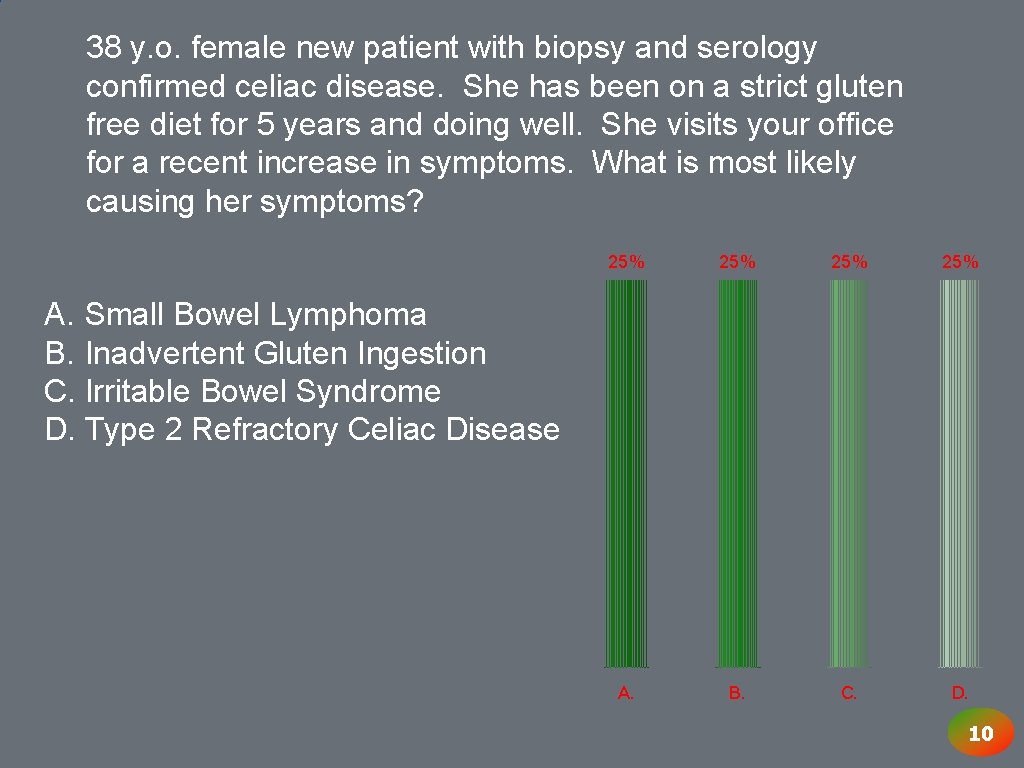 38 y. o. female new patient with biopsy and serology confirmed celiac disease. She