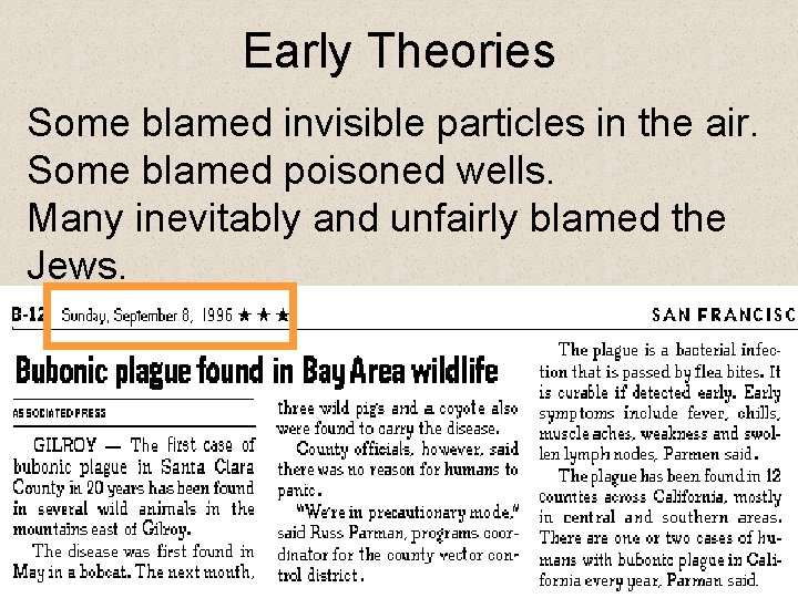 Early Theories Some blamed invisible particles in the air. Some blamed poisoned wells. Many