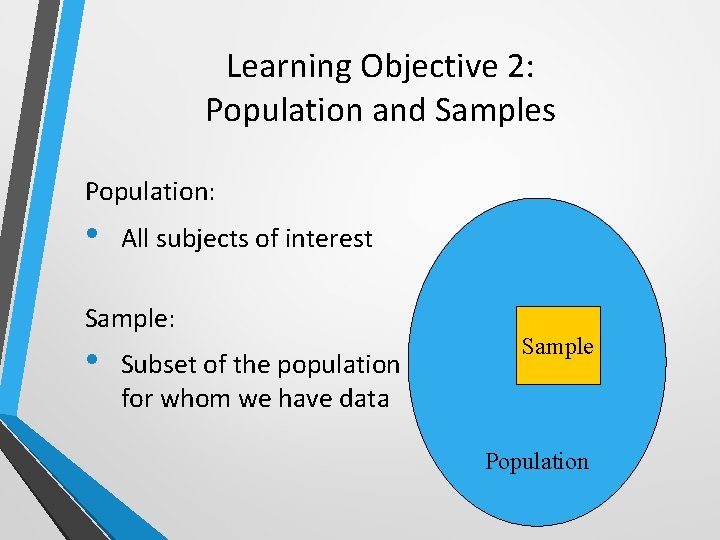 Learning Objective 2: Population and Samples Population: • All subjects of interest Sample: •