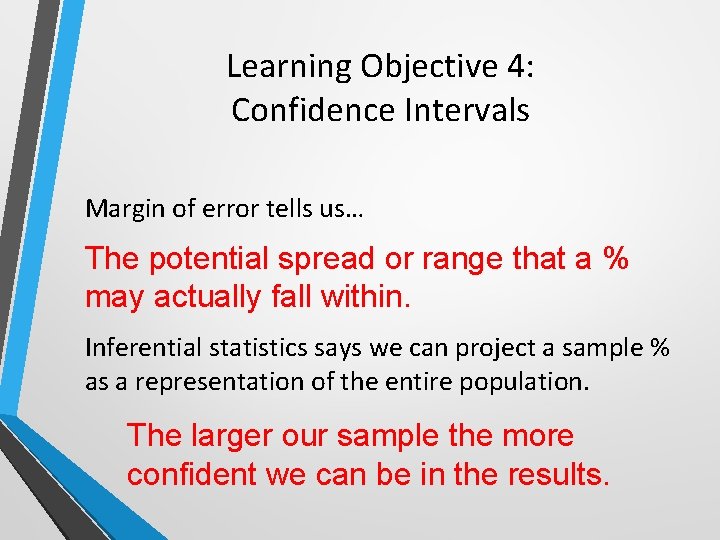 Learning Objective 4: Confidence Intervals Margin of error tells us… The potential spread or