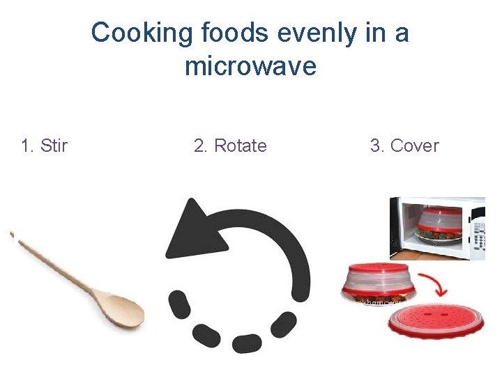 Cooking foods evenly in a microwave 1. Stir 2. Rotate 3. Cover 