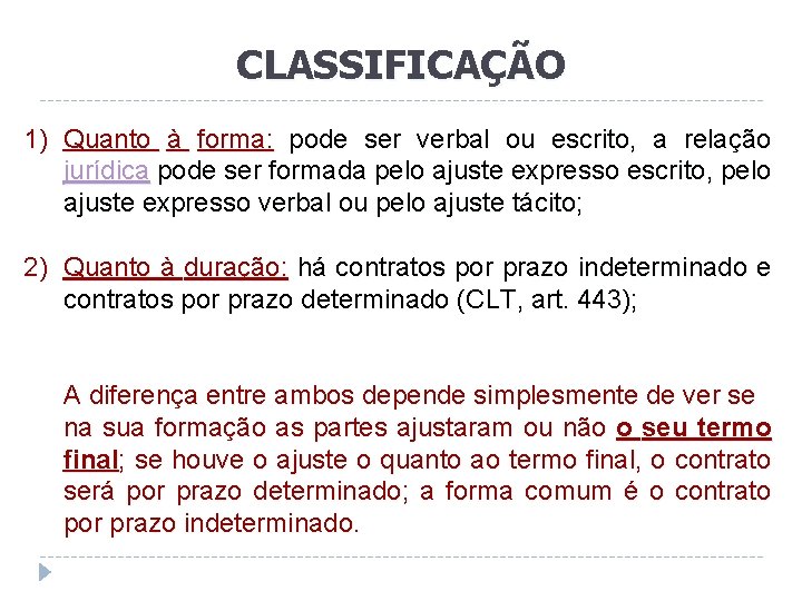 CLASSIFICAÇÃO 1) Quanto à forma: pode ser verbal ou escrito, a relação jurídica pode