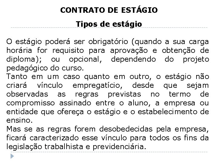 CONTRATO DE ESTÁGIO Tipos de estágio O estágio poderá ser obrigatório (quando a sua