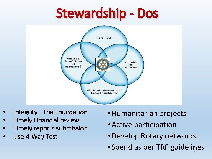 Stewardship - Dos • • Integrity – the Foundation Timely Financial review Timely reports
