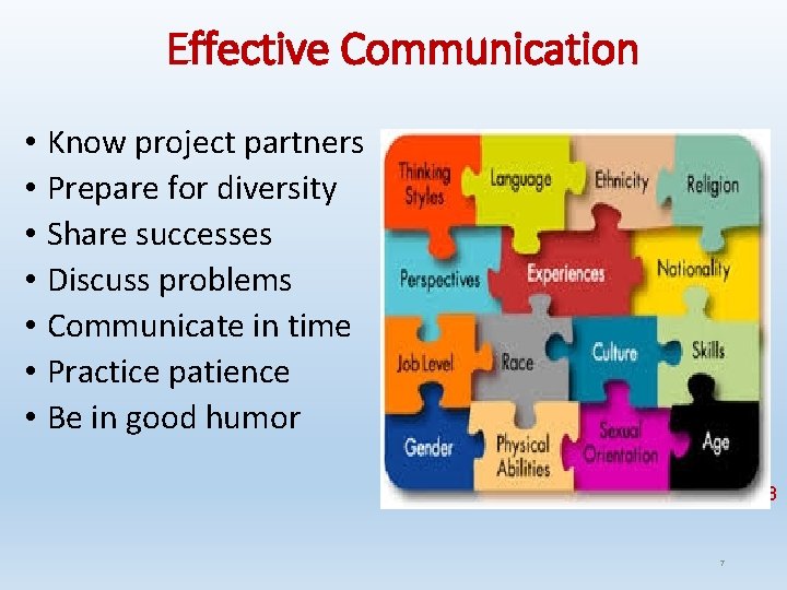 Effective Communication • Know project partners • Prepare for diversity • Share successes •