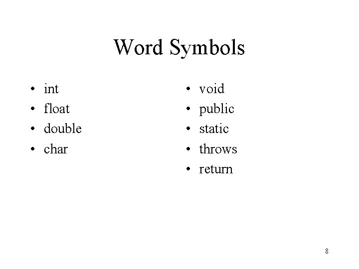 Word Symbols • • int float double char • • • void public static