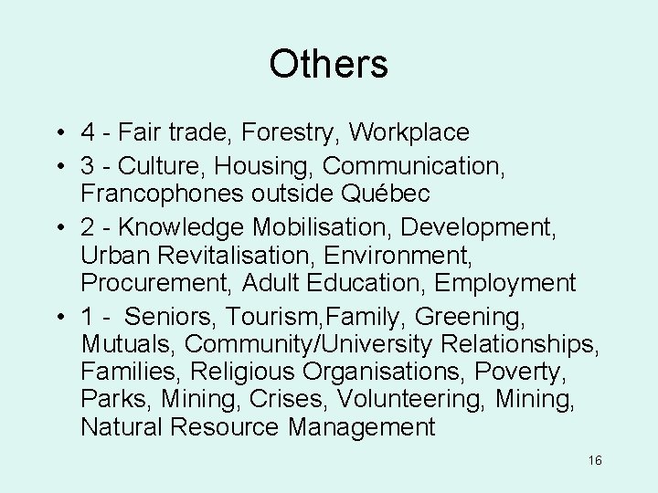 Others • 4 - Fair trade, Forestry, Workplace • 3 - Culture, Housing, Communication,