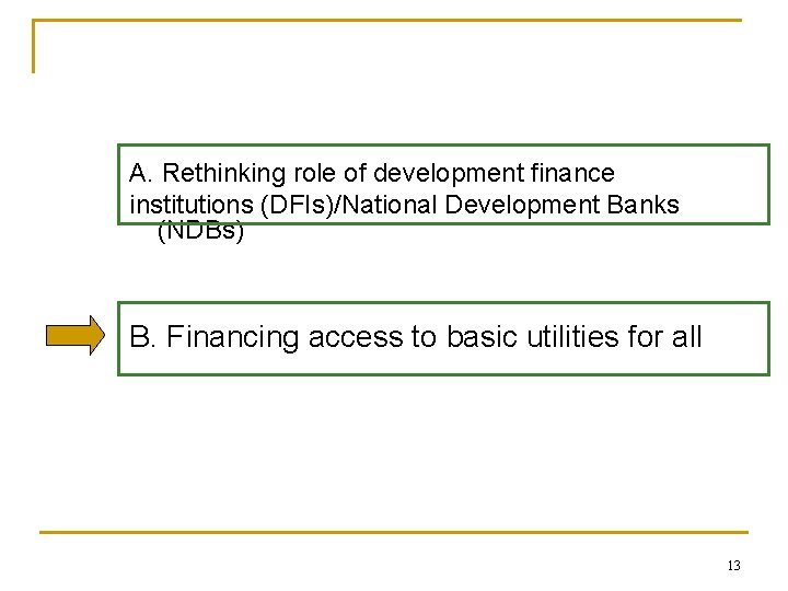 A. Rethinking role of development finance institutions (DFIs)/National Development Banks (NDBs) B. Financing access