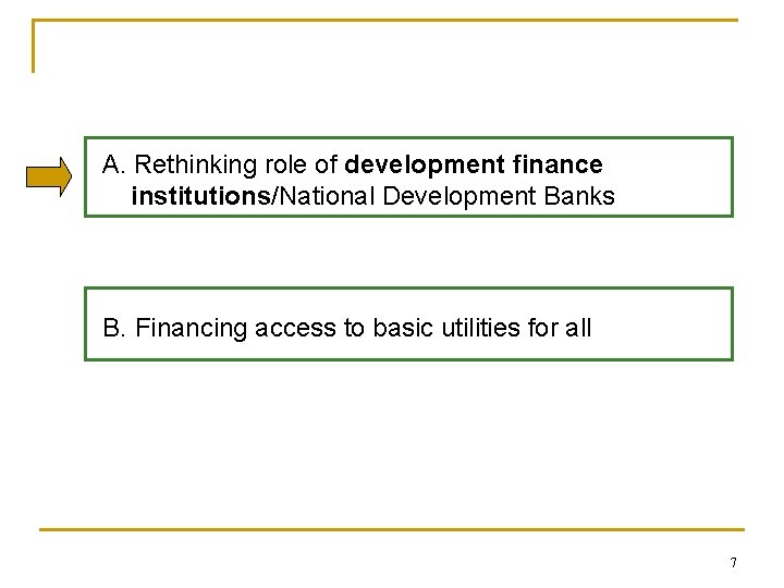 A. Rethinking role of development finance institutions/National Development Banks B. Financing access to basic