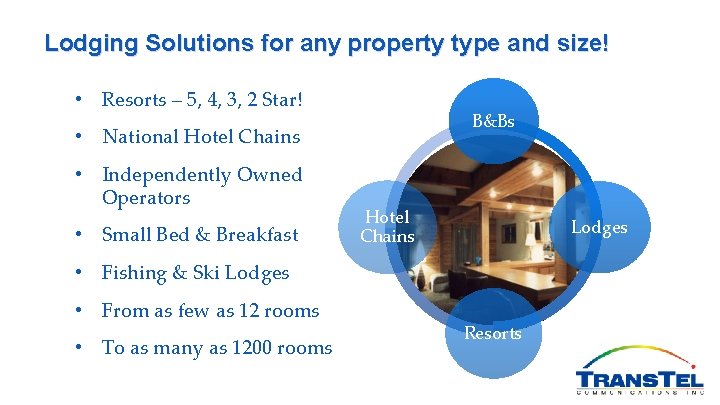 Lodging Solutions for any property type and size! • Resorts – 5, 4, 3,
