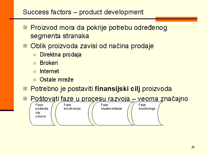 Success factors – product development n Proizvod mora da pokrije potrebu određenog segmenta stranaka