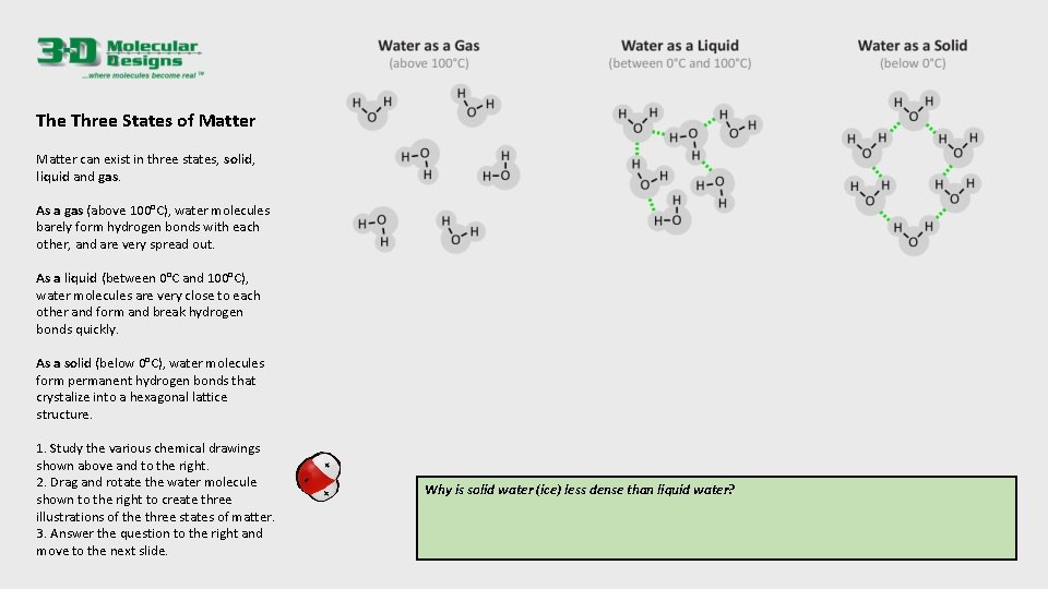 The Three States of Matter can exist in three states, solid, liquid and gas.