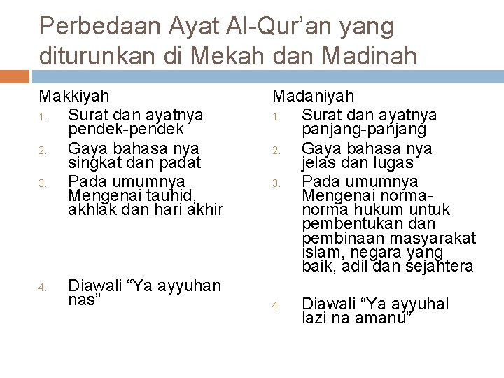 Perbedaan Ayat Al-Qur’an yang diturunkan di Mekah dan Madinah Makkiyah 1. Surat dan ayatnya