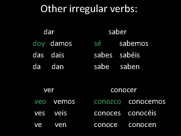 Other irregular verbs: dar doy damos dais da dan saber sé sabemos sabes sabéis