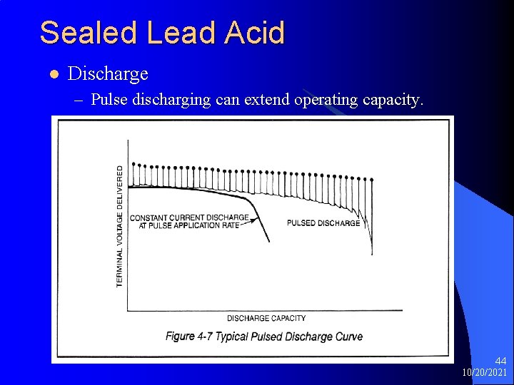 Sealed Lead Acid l Discharge – Pulse discharging can extend operating capacity. 44 10/20/2021