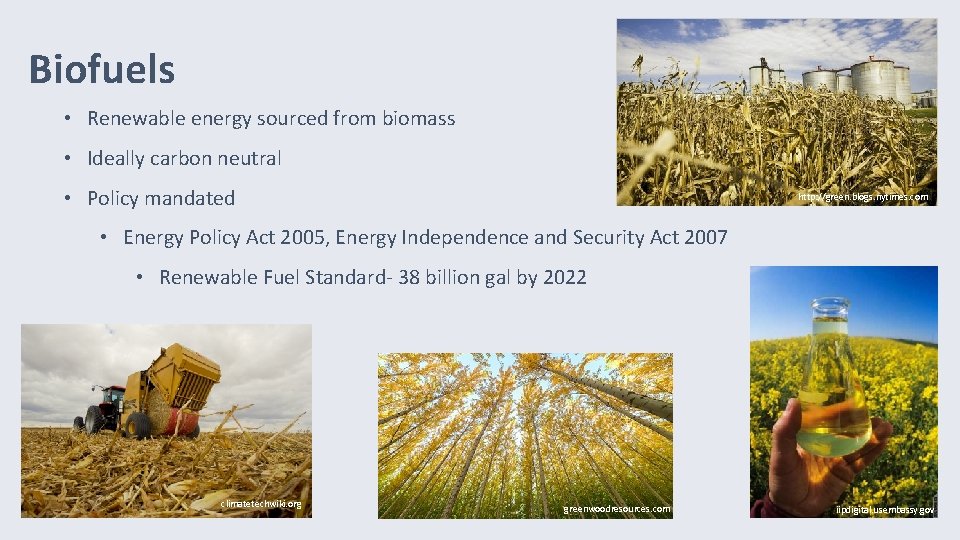 Biofuels • Renewable energy sourced from biomass • Ideally carbon neutral • Policy mandated