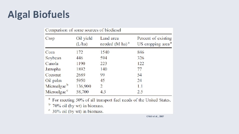 Algal Biofuels Chisti et al. , 2007 