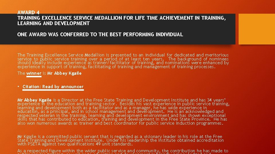 AWARD 4 TRAINING EXCELLENCE SERVICE MEDALLION FOR LIFE TIME ACHIEVEMENT IN TRAINING, LEARNING AND