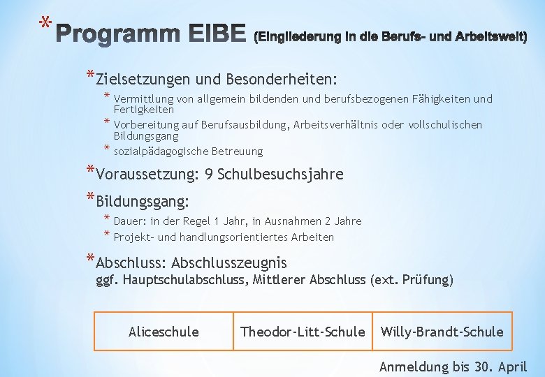 * *Zielsetzungen und Besonderheiten: * Vermittlung von allgemein bildenden und berufsbezogenen Fähigkeiten und Fertigkeiten