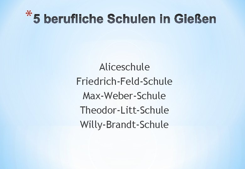 * Aliceschule Friedrich-Feld-Schule Max-Weber-Schule Theodor-Litt-Schule Willy-Brandt-Schule 