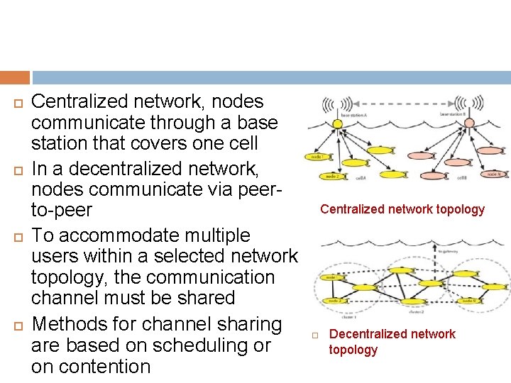  Centralized network, nodes communicate through a base station that covers one cell In