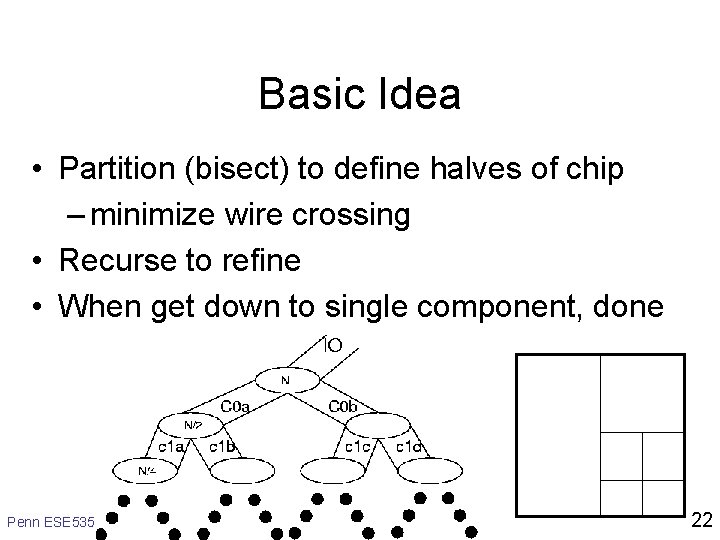 Basic Idea • Partition (bisect) to define halves of chip – minimize wire crossing