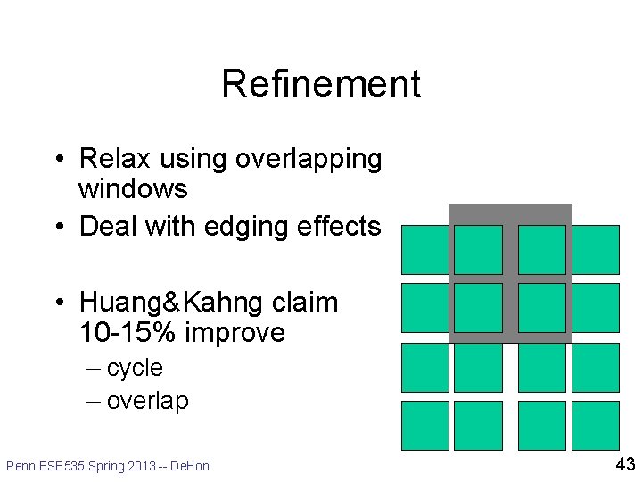 Refinement • Relax using overlapping windows • Deal with edging effects • Huang&Kahng claim