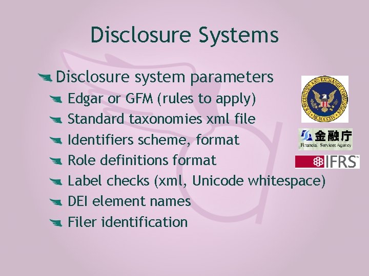Disclosure Systems Disclosure system parameters Edgar or GFM (rules to apply) Standard taxonomies xml