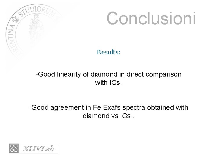 Conclusioni Results: -Good linearity of diamond in direct comparison with ICs. -Good agreement in
