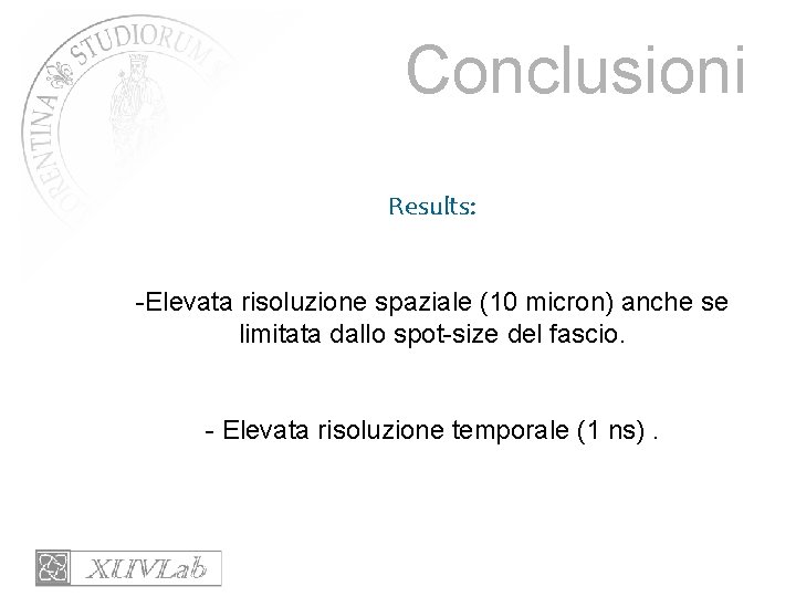 Conclusioni Results: -Elevata risoluzione spaziale (10 micron) anche se limitata dallo spot-size del fascio.