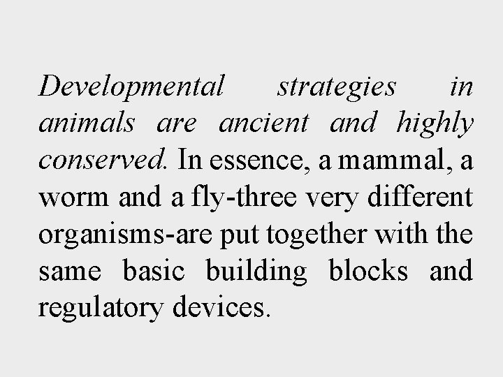 Developmental strategies in animals are ancient and highly conserved. In essence, a mammal, a