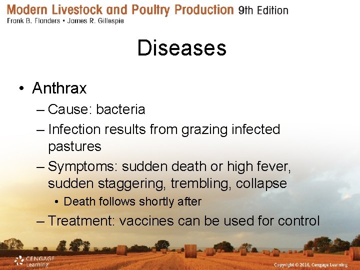 Diseases • Anthrax – Cause: bacteria – Infection results from grazing infected pastures –